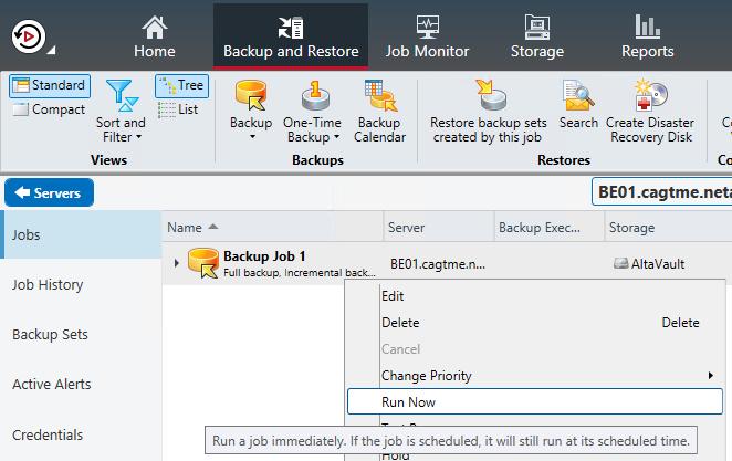To run a manual backup, right-click the backup name and select Run Now.