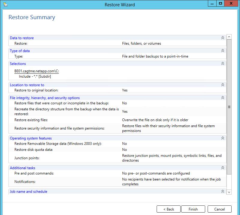 9. Finally, review the restore summary and click Finish to begin the restore job.