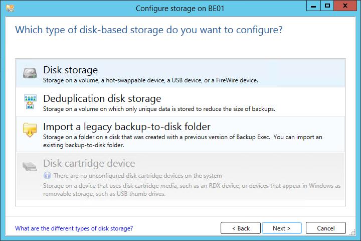 In the next panel of the wizard, select Disk Storage and click