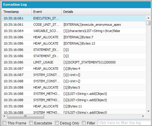The debug log contains every action that occurred in the process, such as method calls, workflow rules, and DML operations.