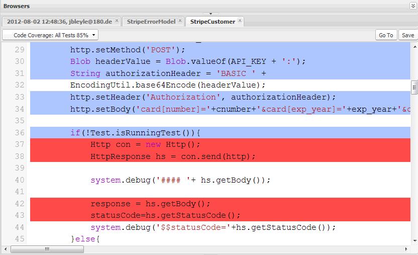 Create a Test Run Note: When you edit a class with code coverage, the blue and red highlighting in the Source Code Editor dims to indicate that the coverage is no longer valid.