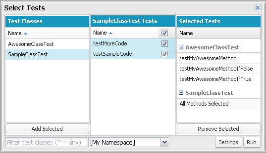Manage Sets of Apex Test Classes with Test Suites To filter the list of classes, type in the Filter test classes (* = any) box.