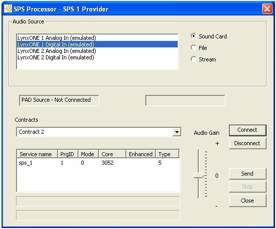 Figure 7 SPS Processor Window (SPS1 shown) (t) Click on the Sound Card option in the Audio Source box. (u) Click on the appropriate audio card audio input in the Audio Source box to select it.