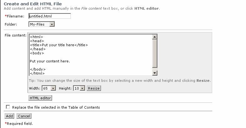 Using the Create and edit an HTML file button you can create a file within WebCT. If you click on that button it will bring you to the Create and Edit an HTML File window.