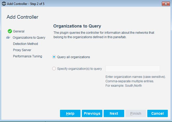 To configure the Meraki Organizations to query: 1. In the Organizations to Query pane, select one of the following options: a.