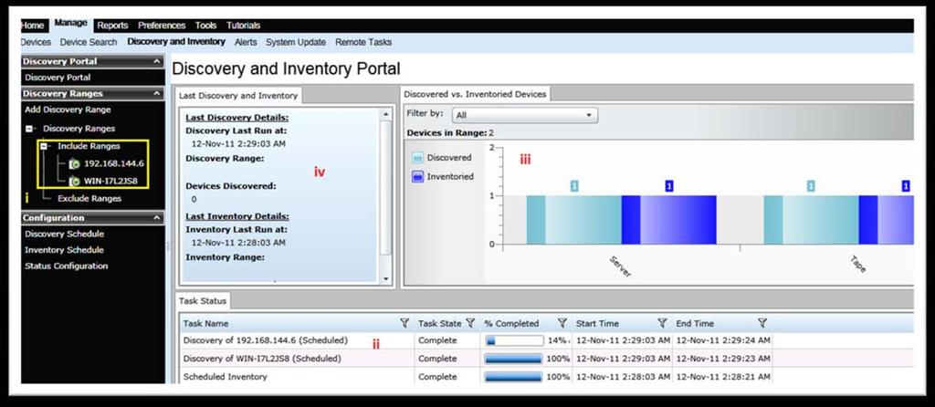 Discovery and Inventory Portal The Discovery and Inventory Portal screen provides a single point of access to most details of discovered/inventoried devices at any given point of time.