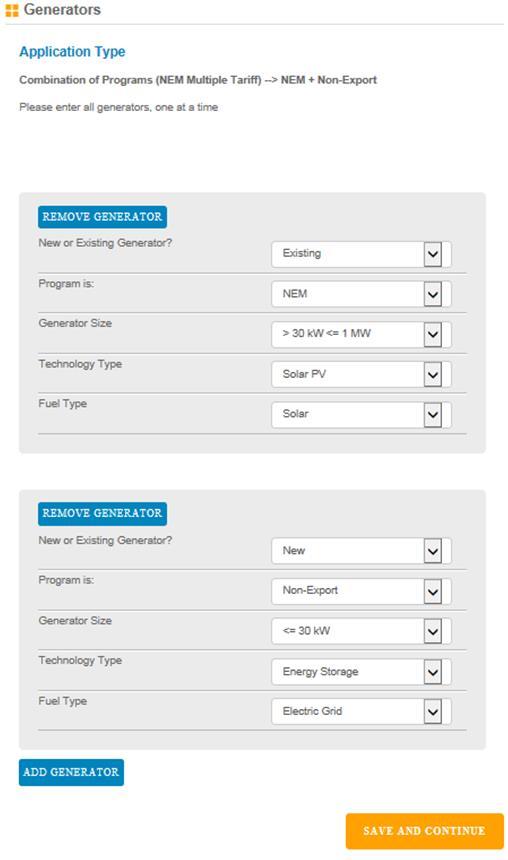 EXAMPLE: NEM Multiple Tariff LE: Aggregation At the Select Program screen, choose: Combination of Programs (NEM Multiple Tariff) Choose one of the Sub-Programs listed Click Save and Enter Generators.