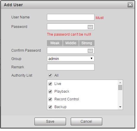 Figure 3-112 Step 2 Input user name and password, select group and check authority list.