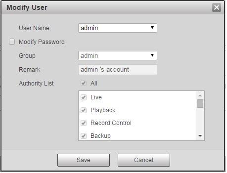 Figure 3-113 Step 2 Modify the user information according to actual needs. Step 3 Click Save. Modify password Select the check box of Modify Password.