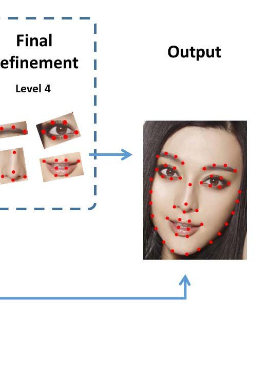 The fourth level is used to improve the predictions of mouth and eyes by taking the rotated image patch as new input. Two levels of separate networks are used for contour points.