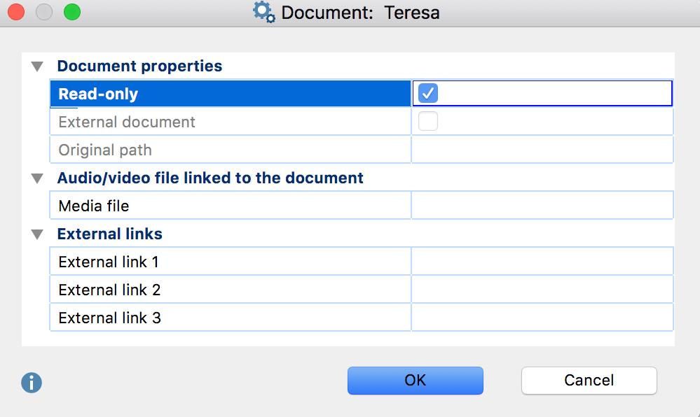 Document properties window Read-only if this box is checked, the document will no longer be editable, even in Edit Mode. This is the default setting for PDFs and Image files.