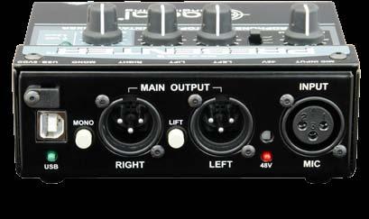 FEATURES 7 8 9 10 11 12 13 7. USB: Provides power for the Presenter and allows playback of high quality audio from a laptop. 8. Mono: Sums the left and right outputs to mono. 9. Main Outputs: Balanced XLR line outputs connect directly to powered PA speakers.