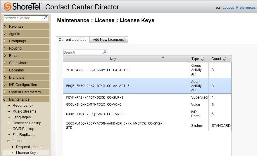 ShoreTel Contact Center Configuration Licenses Verify the Licensing Information by selecting Maintenance» License» License Keys to view the current licensing keys.