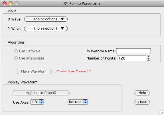 The required steps are: 1. Select XY Pair to Waveform from Igor's Data Packages submenu. The panel is displayed: 2. Select the X and Y waves (xdata and ydata) in the popup menus.