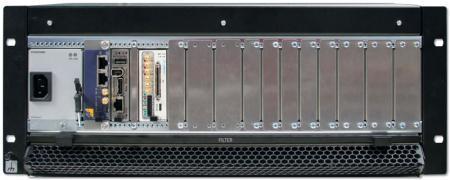 Figure 3 Typical 12-slot MicroTCA shelf. The MCH includes fabric and Ethernet switches for at least one GbE port plus four lanes of XAUI, PCIe or SRIO to each of the twelve AMC modules.