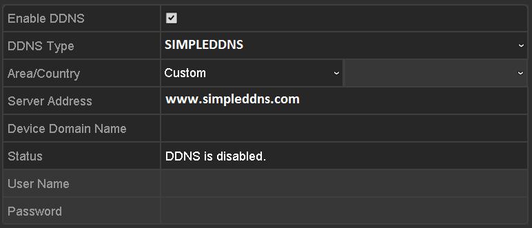 6 NO-IP Settings Interface SIMPLEDDNS: 1) Select the continent/country of the server on which the device is registered. 2) The Server Address of the SIMPLEDDNS server appears by default: www.