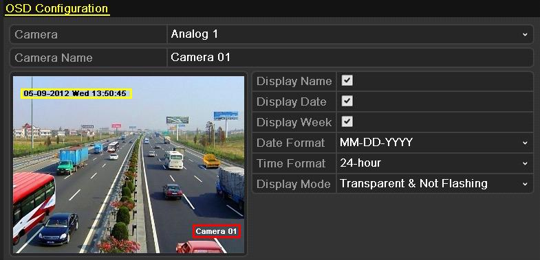 13.1 Configuring OSD Settings Purpose: You can configure the OSD (On-screen Display) settings for the camera, including date /time, camera name, etc. 1. Enter the OSD Configuration interface.