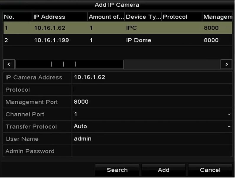 Figure 2. 25 Quick Adding IP Camera Interface Or you can choose to custom add the IP camera by editing the parameters in the corresponding textfiled and then click the Add button to add it.