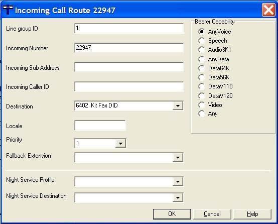 22. In the Incoming Call Route window that appears, set Line group ID to a unique number. Set Incoming Number to the DID number associated with the first end-user Fax DID phantom extension in Table 1.