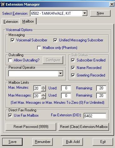 23. In the Mailbox tab that appears, check Unified Messaging Subscriber, check Use Fax Mailbox and set Fax Extension (DID) to 6402. Click Save. 24. In the Update Complete popup that appears, click OK.