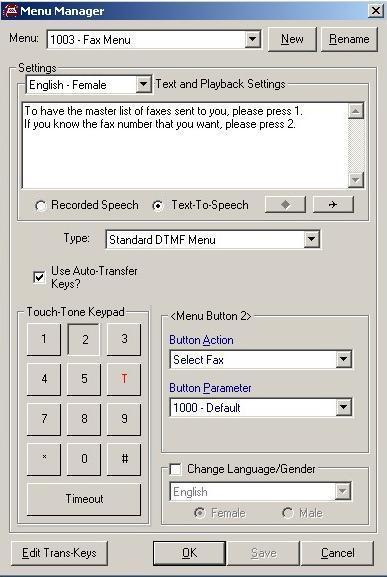 29. In the Menu Manager, type the greeting Fax on Demand callers will receive and configure the touch-tone keypad as described in the window. Click OK.