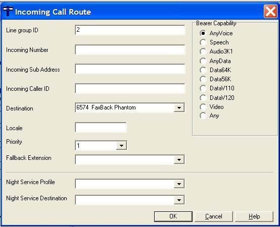 14. In the Incoming Call Route window that appears, set Line group ID to a unique number, set Destination to 6574 FaxBack Phantom. Click OK.