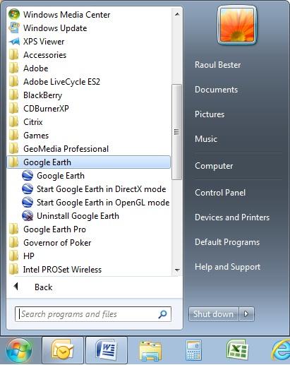 1. BASIC SETUP: 1.1 Ensure that the Google Earth application is installed on your workstation. Double Click on the icon below which will be situated on your desktop. 1.2 Alternatively Google Earth can also be accessed by selecting the application from your windows task bar as per the image below.