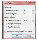 3. Specifiy the number of columns and rows by typing the number or using the up and down arrows next to the boxes. 4. Click OK. 5. The table will appear on your page. Formatting the Table 1.