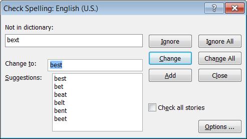 You will see the Check Spelling dialog box displayed. Click on the required button within the dialog box.
