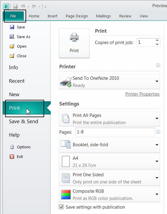 Microsoft Publisher 2010 Foundation - Page 120 Select your printer in the Printer section.