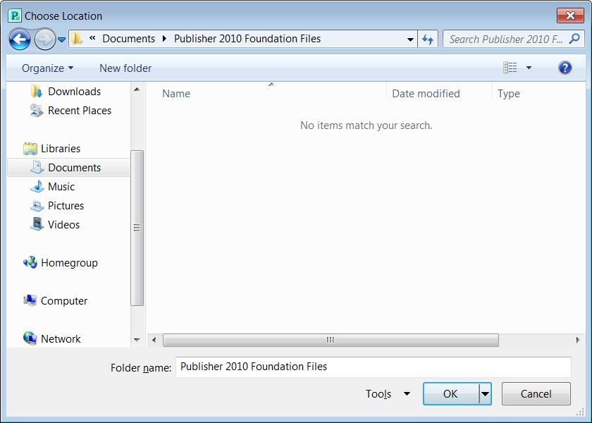 Microsoft Publisher 2010 Foundation - Page 123 Click on the Browse button and navigate to the Publisher 2010 Foundation Files folder, as illustrated.