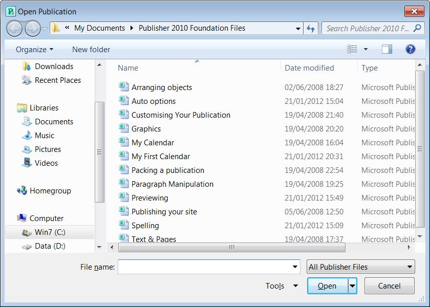 From the files displayed in the dialog box, double click on the My First Calendar file.