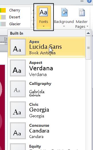 Using font schemes Click on the Page Design tab and select the Fonts command. This will display a list of font schemes.