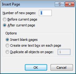 Select an option to either insert the new page before the current page or after the current page. For example select the After current page option.