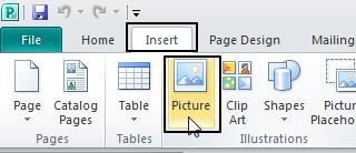 Inserting a graphic from a file To insert a graphic file into your publication, click on the Insert tab and select the Picture command.
