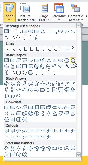 To insert an AutoShape in your publication, click on the Insert tab and select the Shapes