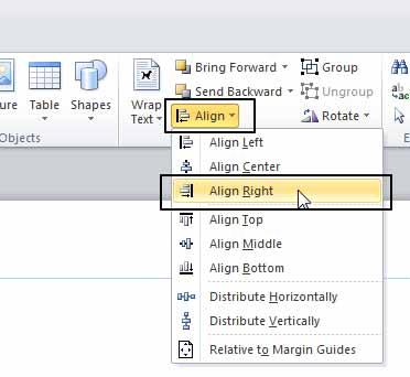 Microsoft Publisher 2010 Foundation - Page 75 Click on the Home tab. Click on the Align command, from the menu displayed select the Align Right command This will align the objects to the right.