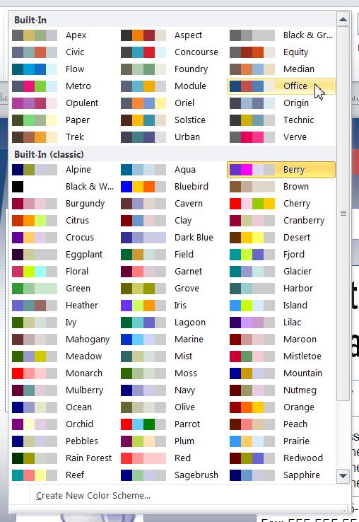 Microsoft Publisher 2010 Foundation - Page 80 This will display an expanded list of colour schemes. For example, click on the Office colour scheme.