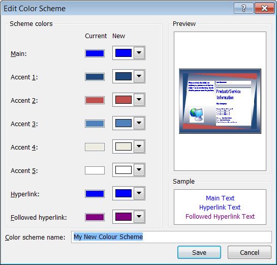 Microsoft Publisher 2010 Foundation - Page 83 Make the desired changes to the colour scheme. For this example select the Red colour from the New drop down list for Main.