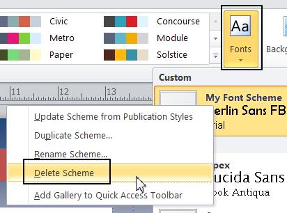 Microsoft Publisher 2010 Foundation - Page 86 This will display the font schemes listing. Right-click on the font scheme you wish to delete, i.e. My Font Scheme, and select the Delete Scheme command from the pop-up menu.