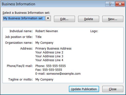 Microsoft Publisher 2010 Foundation - Page 90 Click on the Edit button. This will open the Edit Business Information Set dialog box. Make changes to your business information.