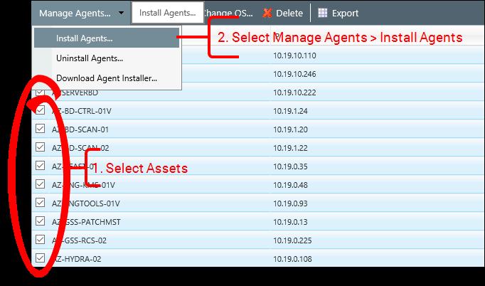 2. Select the assets that you want to install agents on, and then