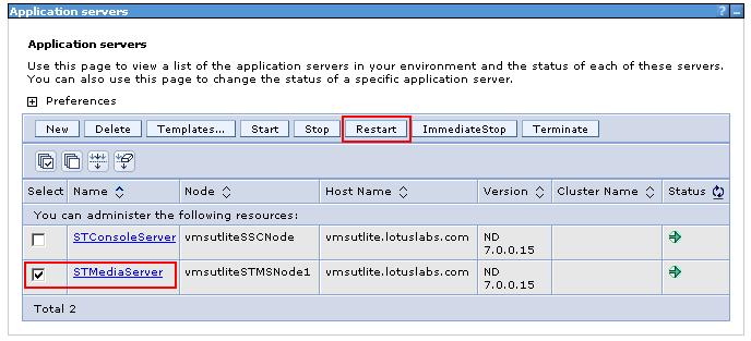 Figure 19: Restarting STMediaServer in the WebSphere application server list l) Wait until all servers' status will change to Started. Configuring Asterisk 7.