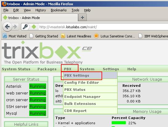 Figure 20: Opening PBX Settings in Asterisk administration page d) As the existing extensions