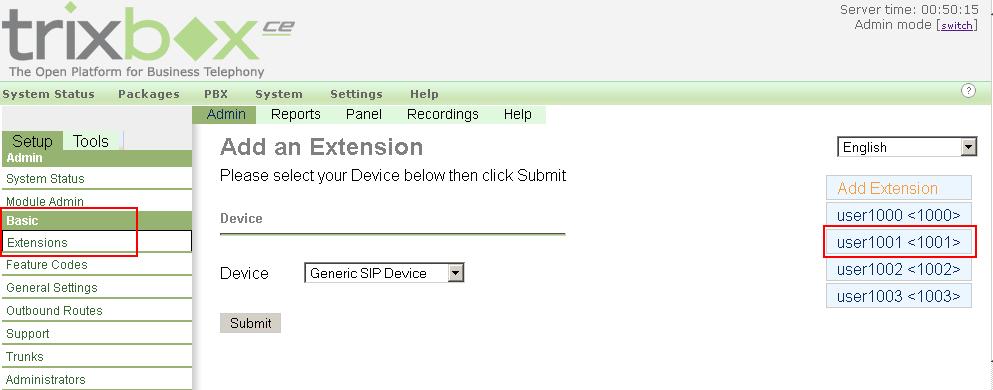 Figure 21: Extension management in Asterisk administration page 8.