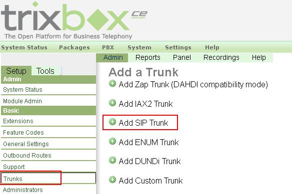 a) On the Asterisk administration page, select PBX > PBX Settings at menu bar and click Setup > Basic > Trunks. b) Click Add SIP Trunk link.