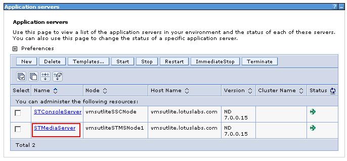 Figure 7: Clicking STMediaServer in WebSphere Application servers list d) On the Configuration page, locate the Communications section and click Ports link.