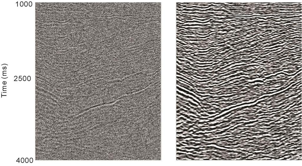 Figure 5: D seismic section filtering. (Left) Seismic section with -10 db noise on original data. (Right) Filtered result by proposed method.