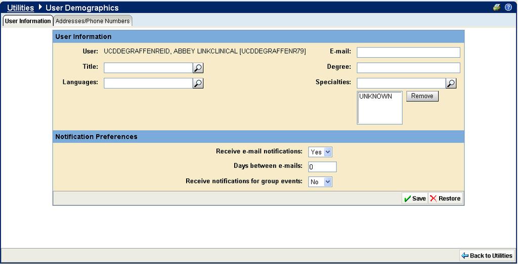 Using Program Utilities Path: Utils button The UC Davis PhysicianConnect utility options can be used to carry out a variety of account maintenance tasks, including setting the page that appears when