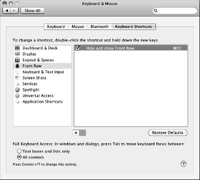 Click the Keyboard Shortcuts tab to bring the Keyboard Shortcut settings to the front, as shown in Figure 1-8. 4. Choose a shortcut category from the menu on the left.